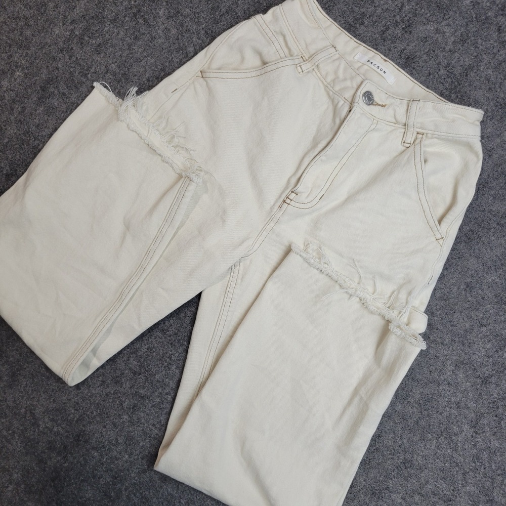 Pacsun‎ Jeans Womens 22 White Denim Carpenter Hammer Loop Frayed Hem Workwear